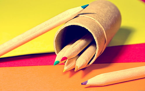 Útiles escolares, lápices de color marrón, escuela, bolígrafo, color, diversos, Fondo de pantalla HD HD wallpaper