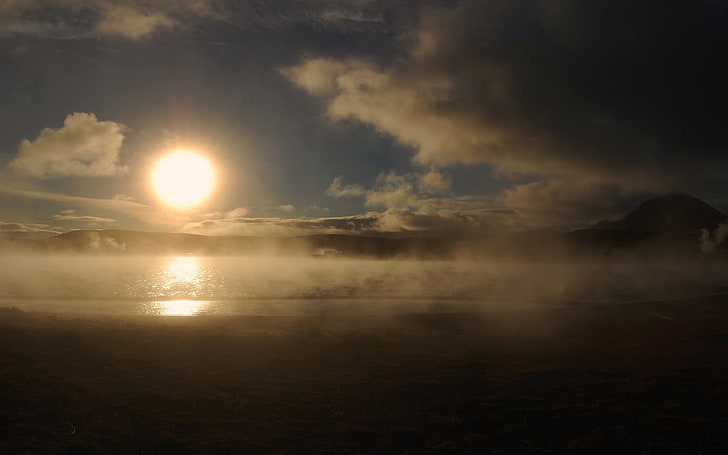 body of water and mountain range, dawn, sun, disk, fog, evaporation, HD wallpaper
