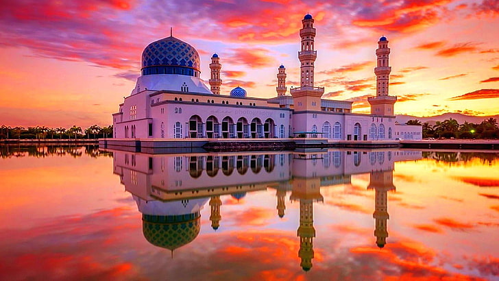 ciudad de kota kinabalu, mezquita, kota kinabalu, cielo rojo, reflexión, reflejado, reflejo, espejos, ciudad, Fondo de pantalla HD
