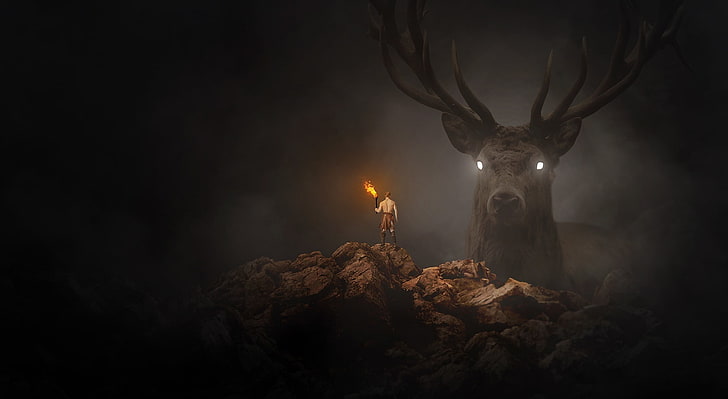 Fantasy, man holding torch in front of deer wallpaper, Aero, Creative, Dark, Night, Creature, Fantasy, Mystic, Fire, HD wallpaper