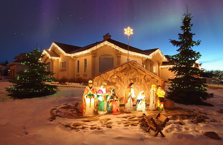 Belén de Navidad al aire libre, The Nativity set de figurillas al aire libre, Vacaciones, Navidad, Scene, Outdoor, Nativity, Fondo de pantalla HD