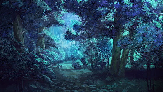 illustrazione viola degli alberi, estate eterna, foresta, notte, alberi, Sfondo HD HD wallpaper