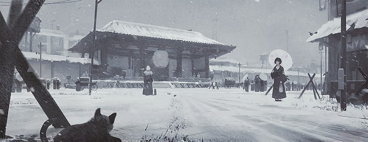 снег, вокзал, зонтик, кимоно, аниме девушки, аниме, HD обои