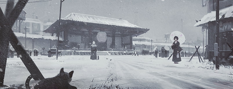 الثلج ، محطة القطار ، المظلة ، كيمونو ، فتيات الأنمي ، أنيمي، خلفية HD HD wallpaper