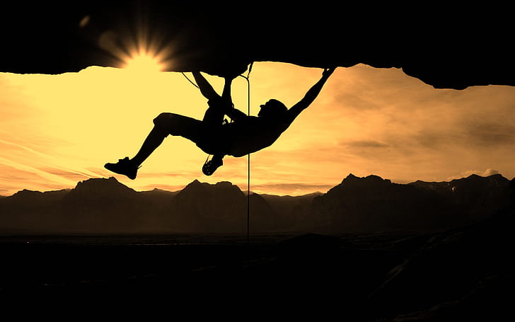 Climb Climbing Sunlight Silhouette Person HD, силует на човек, изкачващ се на скална планина, спорт, слънчева светлина, силует, човек, катерене, изкачване, HD тапет