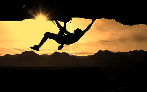Escalada escalada luz solar silhueta pessoa HD, silhueta do homem escalando a montanha de pedra, esportes, luz solar, silhueta, pessoa, escalada, escalada, HD papel de parede HD wallpaper