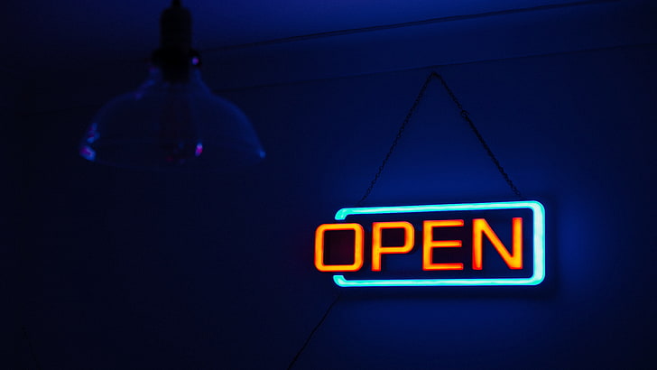 neon sign, light, neon, electronic signage, signage, night, darkness, open, HD wallpaper