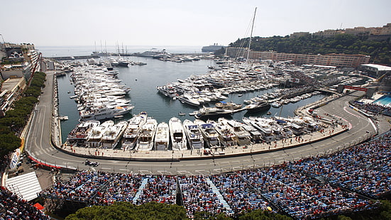 foto aérea de barcos ancorados, Mônaco, Fórmula 1, pistas de corrida, barco, carros de corrida, pessoas, esporte, HD papel de parede HD wallpaper