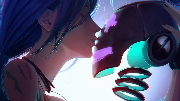 personnage d'anime aux cheveux bleus, personnage d'anime embrassant illustration de chaleur robotique, art fantastique, cheveux bleus, embrassant, League of Legends, Jinx (League of Legends), jeux vidéo, cyan, rose, Fond d'écran HD