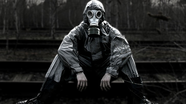 person's black gas mask, gas masks, apocalyptic, railway, HD wallpaper