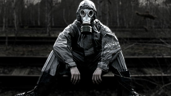 máscara de gas negra de la persona, máscaras de gas, apocalíptico, ferrocarril, Fondo de pantalla HD HD wallpaper