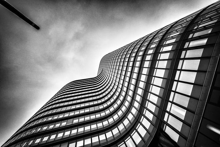 low angle photography of high rise building, Waves II, low angle, photography, high rise building, architecture, monochrome, blackandwhite, skyscraper, window, office Building, built Structure, building Exterior, modern, urban Scene, glass - Material, reflection, facade, black And White, futuristic, business, tower, city, downtown District, HD wallpaper