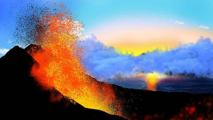 pintura digital, arte digital, naturaleza, lava, volcán, puesta de sol, Fondo de pantalla HD