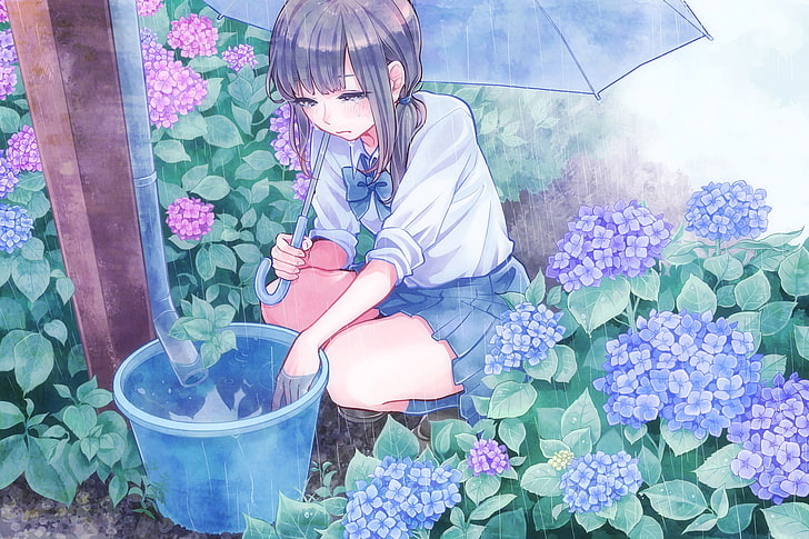 anime kız, ağlama, yağmur, okul forması, bahçe, çiçekler, şemsiye, anime, HD masaüstü duvar kağıdı