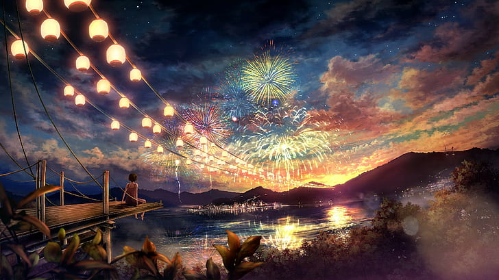 anime, Chinese, cities, clouds, fireworks, girls, landscapes, lantern, scenic, trees, HD wallpaper