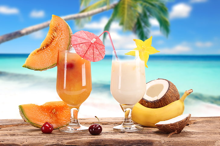 two clear footed glasses, summer, cherry, stay, coconut, glasses, juice, fruit, banana, drinks, cocktails, melon, carambola, cervical, HD wallpaper