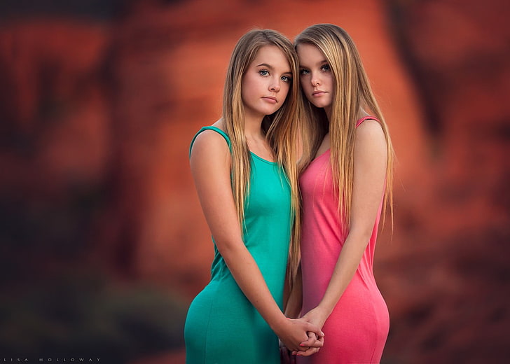 women's teal and pink sleeveless dress, women, blonde, dress, portrait, looking at viewer, depth of field, sisters, holding hands, lisa holloway, two women, straight hair, long hair, HD wallpaper