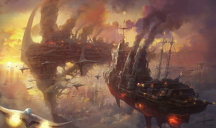 korsan gemisi illüstrasyon, fantezi sanat, steampunk, yelkenli gemi, HD masaüstü duvar kağıdı