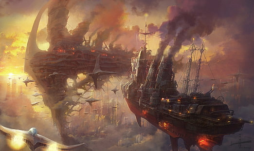 ilustracja statku pirackiego, sztuka fantasy, steampunk, żaglowiec, Tapety HD HD wallpaper