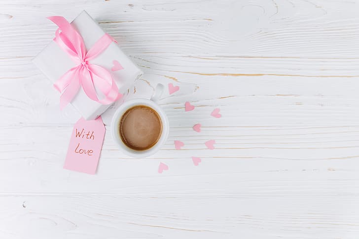 love, gift, Cup, hearts, heart, pink, romantic, coffee, with love, tender, HD wallpaper