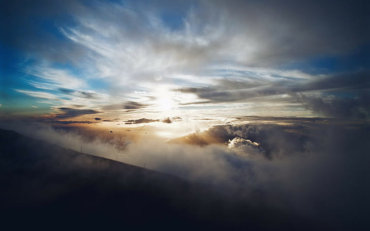 krajobraz, przyroda, chmury, mgła, promienie słoneczne, niebo, góry, Tapety HD