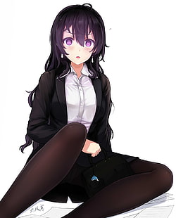 женский аниме персонаж цифровые обои, аниме, аниме девушки, Мияура Саншио, длинные волосы, чёрные волосы, фиолетовые глаза, деловой костюм, HD обои HD wallpaper