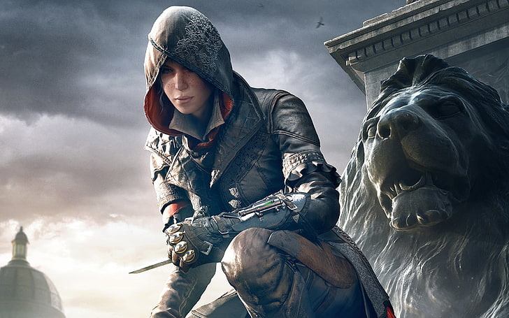 Assassin's Creed Echio, the sky, look, girl, birds, hood, statue, Ubisoft, blade, Evie Fry, Ivi Fray, Assassins Creed: Syndicate, HD wallpaper