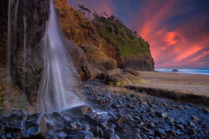 sunset, stones, rocks, coast, waterfall, Oregon, Pacific Ocean, The Pacific ocean, Hug Point Falls, Hug Point State Park, HD wallpaper