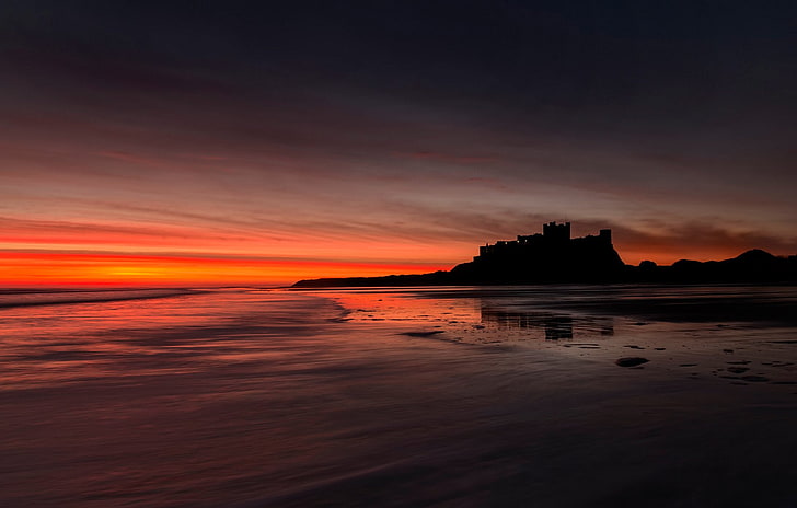 Castles, Bamburgh Castle, Beach, Castle, England, Horizon, Orange, Silhouette, Sunset, HD wallpaper