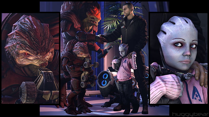 papel de parede de aplicativo de jogo, Asari, videogames, krogan, huggybear, colagem, Mass Effect, renderização, personagens de videogame, HD papel de parede