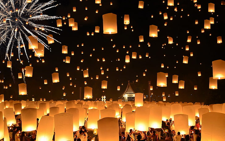 Thailand, Loi Krathong Festival, Floating Lanterns, HD wallpaper