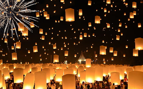 Tailândia, Loi Krathong Festival, lanternas flutuantes, HD papel de parede HD wallpaper
