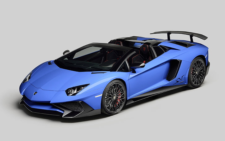รถเก๋งเปิดประทุนสีน้ำเงินและสีดำ Lamborghini Aventador LP750-4 SV รถพื้นหลังเรียบง่าย, วอลล์เปเปอร์ HD