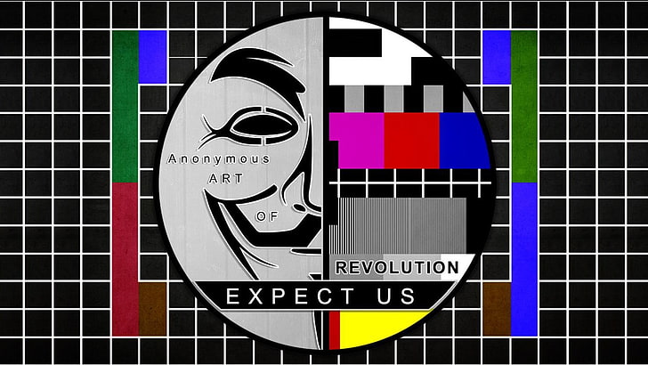 Máscara de Guy Fawkes y tarjeta de prueba, Arte, Anónimo, Revolución, Patrón de prueba, Esperarnos, Arte anónimo, Fondo de pantalla HD