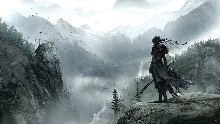 воин, държащ илюстрация на меч, видео игри, Hellblade, гледа в далечината, HD тапет