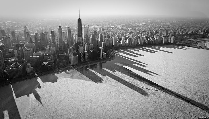 foto em tons de cinza de edifícios, Chicago, paisagem urbana, sombra, linha do horizonte, Lake Shore Drive, monocromático, EUA, HD papel de parede