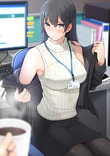 anime, patrząc na widza, dziewczyna z biura, rumieniec, spódnica, kawa, długie włosy, klawiatury, monitor, książki, Tapety HD HD wallpaper