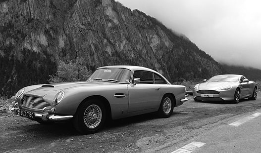 Aston Martin, Aston Martin DB5, Aston Martin DB9, coche, coche clásico, niebla, monocromo, montañas, coche viejo, carretera, árboles, vehículo, Fondo de pantalla HD HD wallpaper