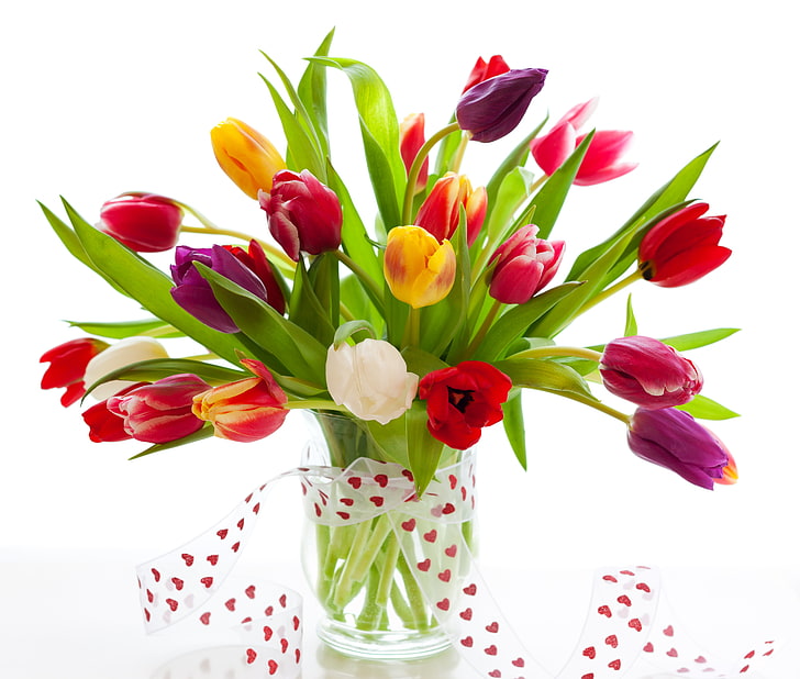 red and yellow tulips, bouquet, tape, tulips, vase, HD wallpaper