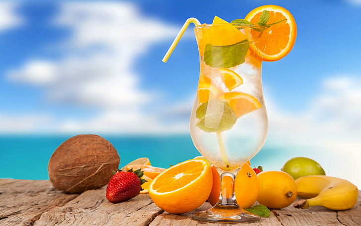 Cocktail di frutta, cocktail, frutta, arancia, limone, cocco, banana, Sfondo HD