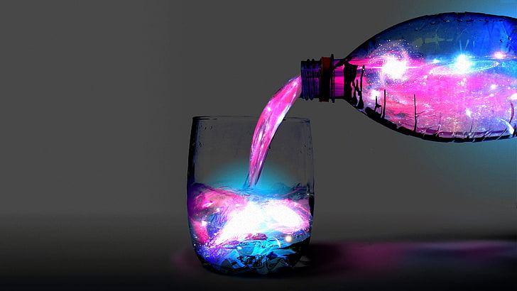 clear drinking glass illustration, abstract, digital art, bottles, liquid, galaxy, magic, water, glass, colorful, drinking glass, space, artwork, simple background, space art, photo manipulation, HD wallpaper