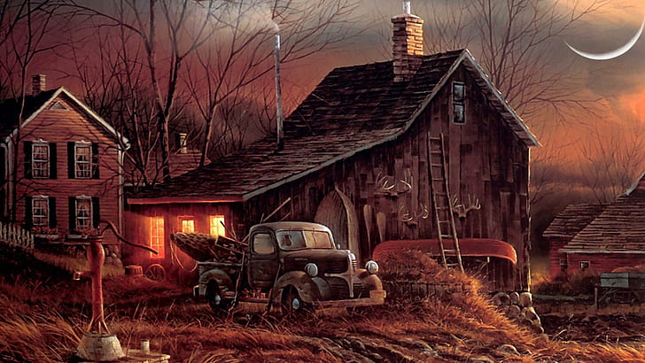 Harvest Home, pick up, chimney, smoke, fall, sunset, barn, house, country, warm, truck, home, painting, autum, HD wallpaper