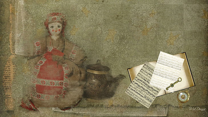 Tesouros do sótão, boneca feminina marrom e cinza, livro, boneca, bule de chá, carta, música, relógio de bolso de ouro, antiguidade, persona, 3d e abstrato, HD papel de parede