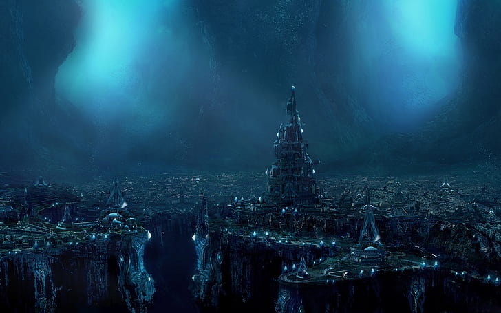Sci Fi, Cidade, Atlantis, Escuro, Fantasia, Paisagem, Underground, Debaixo d'água, HD papel de parede