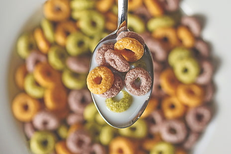 cereals and milk, cereal, spoons, breakfast, milk, food, HD wallpaper HD wallpaper