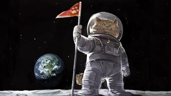 kucing mengenakan wallpaper astronaut, wallpaper, kucing, pakaian antariksa, bendera, Bumi, Bulan, seni digital, ruang, Wallpaper HD