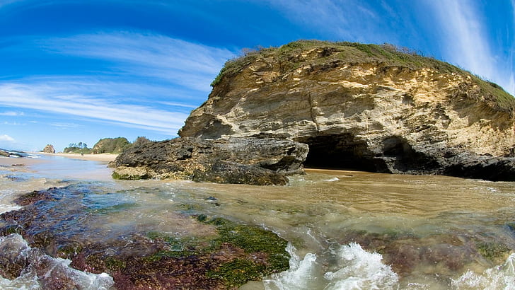 Превосходный пляжный сценарий, пляж, скалы, пещеры, 3d и аннотация, HD обои