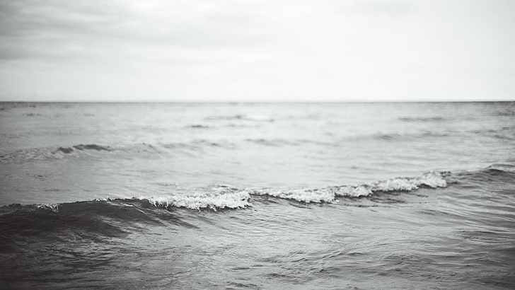 gelombang, kedalaman lapangan, monokrom, laut, Wallpaper HD