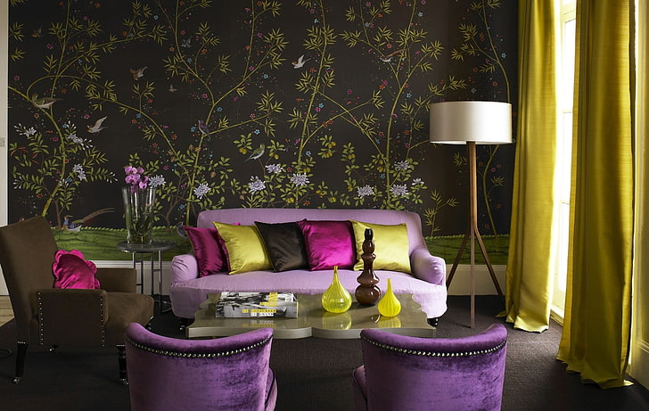 room, interior design, couch, floral, vases, curtains, HD wallpaper