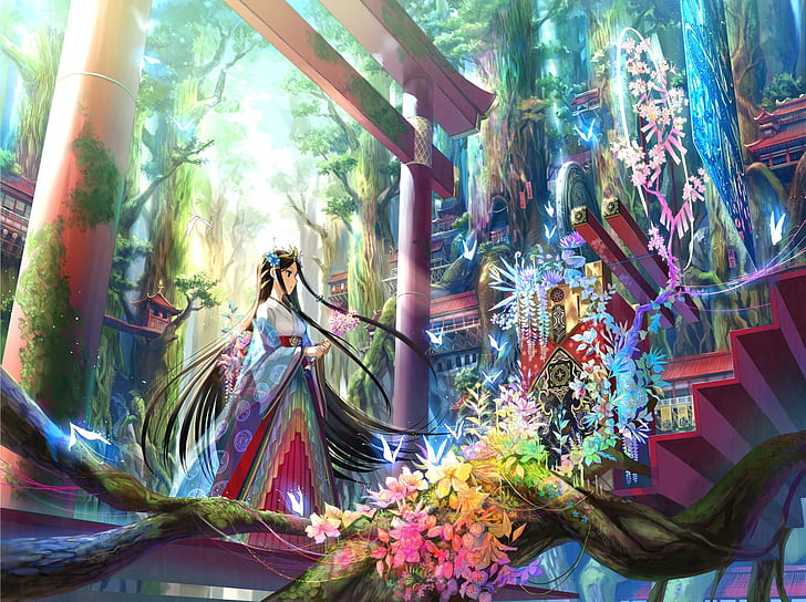 trees, flowers, art, girl, steps, the gates, Liana, national clothes, fuji choko, HD wallpaper